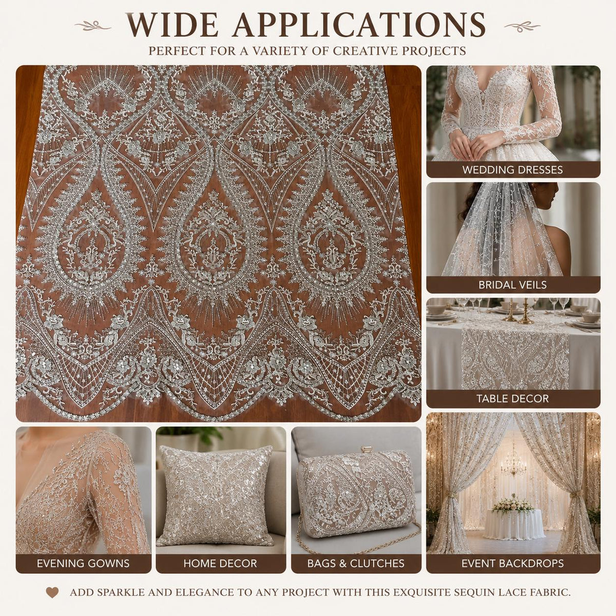 White Silver Beaded Lace Fabric by the Yard, Sequin Embroidered Tulle Mesh, Scalloped Bridal Lace for Wedding Dress & Couture Gown
