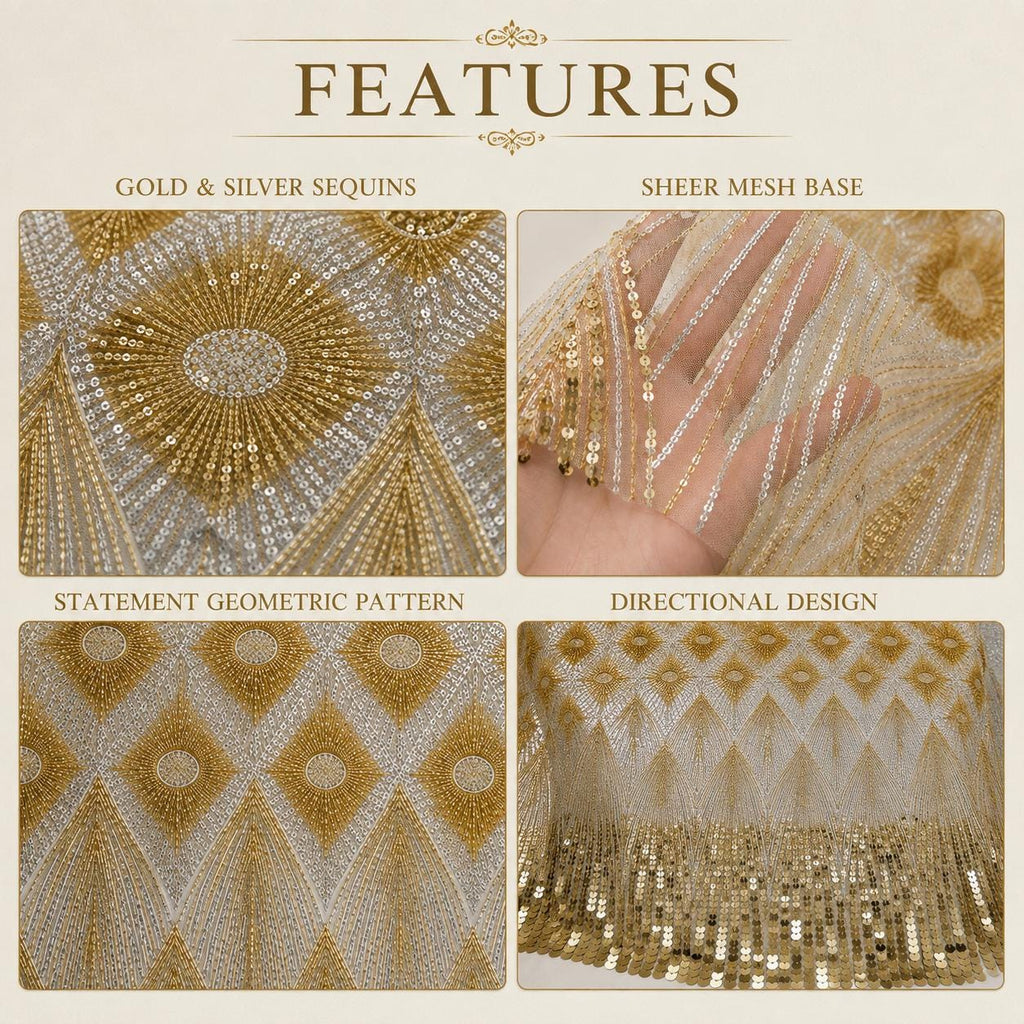 Gold Silver Geometric Sequin Fabric by the Yard, Luxury Metallic Mesh Fabric for Evening Gown, Prom Dress, Formal Wear, 52 Inch Wide