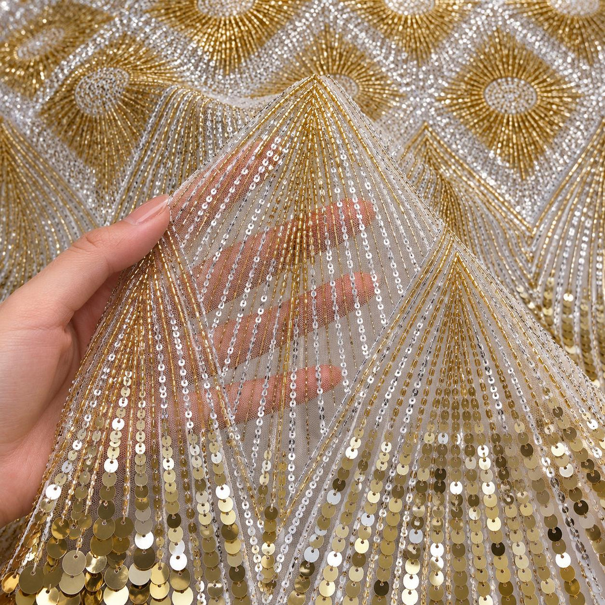 Gold Silver Geometric Sequin Fabric by the Yard, Luxury Metallic Mesh Fabric for Evening Gown, Prom Dress, Formal Wear, 52 Inch Wide