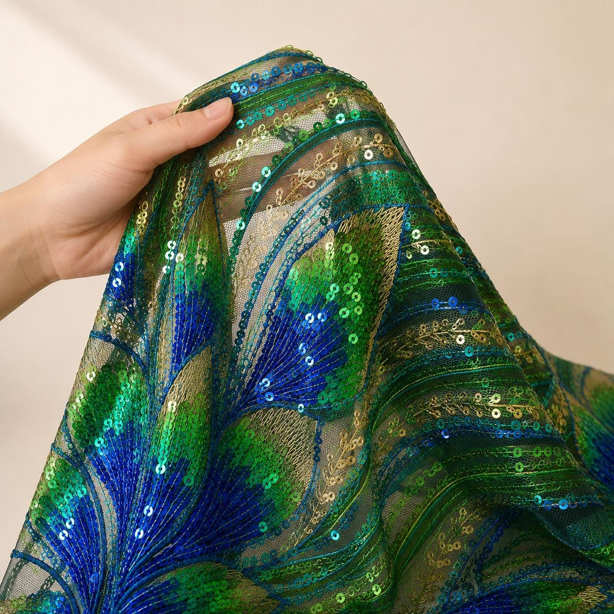 Green Blue Peacock Feather Sequin Fabric by the Yard, Embroidered Mesh Lace, Prom Dress Evening Gown Couture Fabric