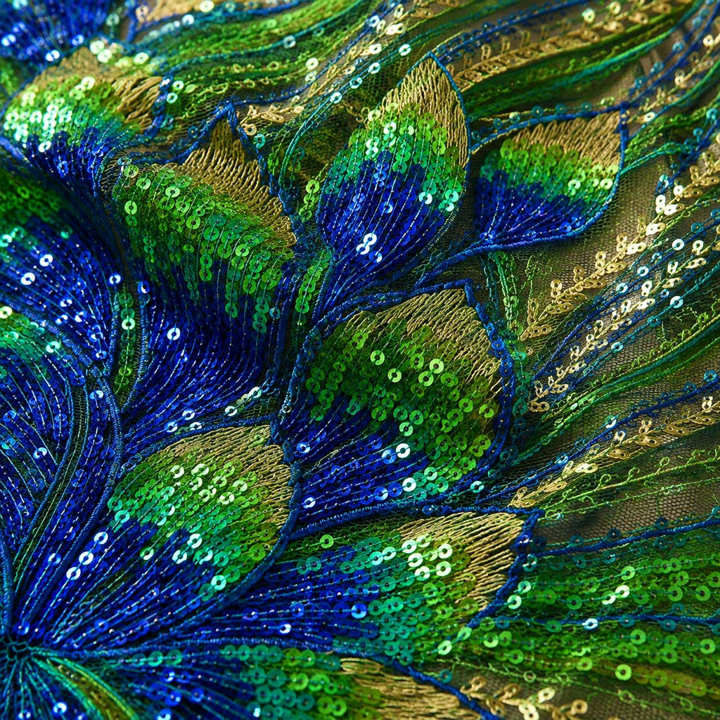 Green Blue Peacock Feather Sequin Fabric by the Yard, Embroidered Mesh Lace, Prom Dress Evening Gown Couture Fabric