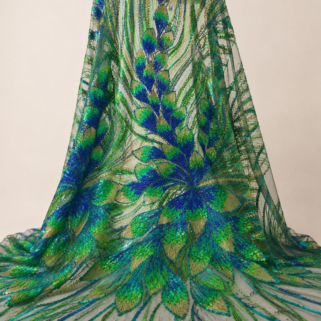 Green Blue Peacock Feather Sequin Fabric by the Yard, Embroidered Mesh Lace, Prom Dress Evening Gown Couture Fabric