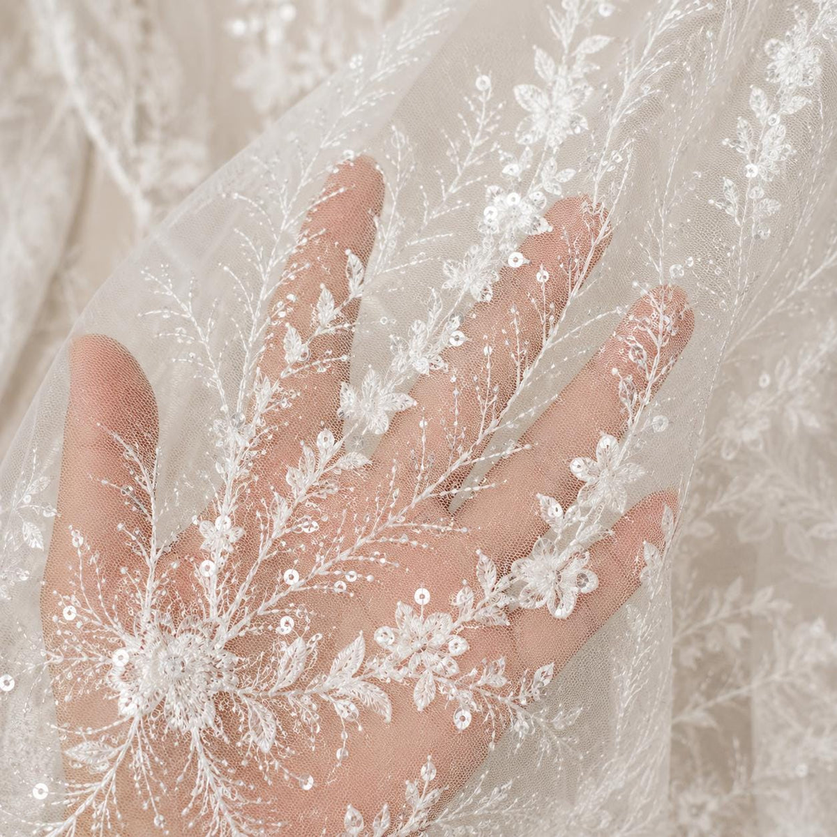 Ivory Botanical Sequin Lace Fabric by the Yard, Embroidered Tulle Bridal Lace, Wedding Dress Gown Veil Border Fabric