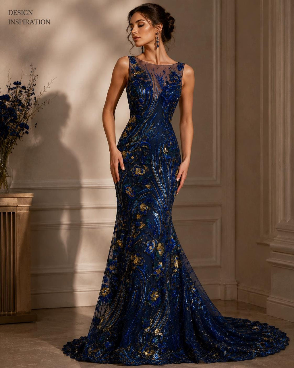 Navy Blue Gold Sequin Lace Fabric by the Yard, Floral Embroidered Tulle Mesh, Evening Gown Prom Dress Couture Fabric