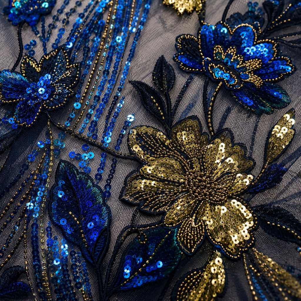 Navy Blue Gold Sequin Lace Fabric by the Yard, Floral Embroidered Tulle Mesh, Evening Gown Prom Dress Couture Fabric