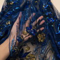 Navy Blue Gold Sequin Lace Fabric by the Yard, Floral Embroidered Tulle Mesh, Evening Gown Prom Dress Couture Fabric