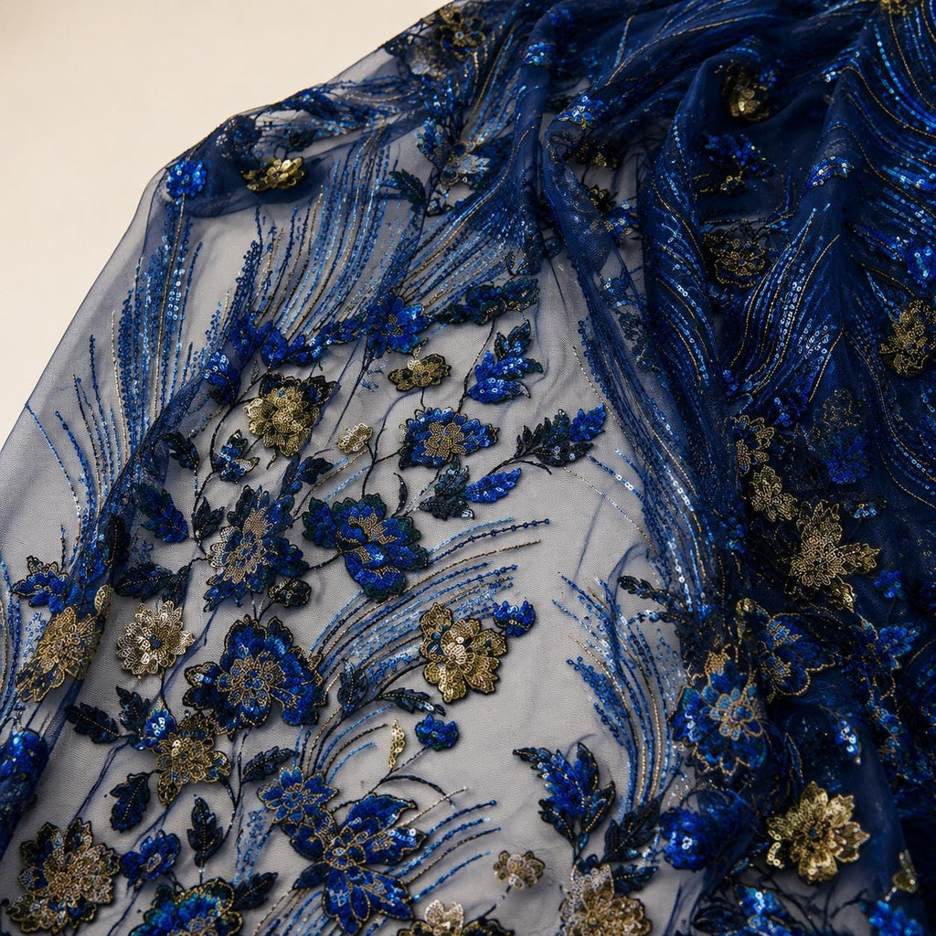Navy Blue Gold Sequin Lace Fabric by the Yard, Floral Embroidered Tulle Mesh, Evening Gown Prom Dress Couture Fabric
