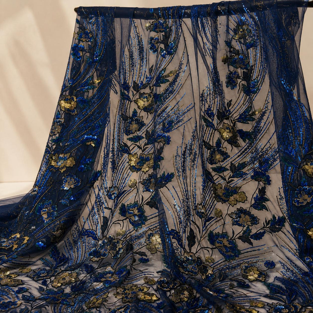 Navy Blue Gold Sequin Lace Fabric by the Yard, Floral Embroidered Tulle Mesh, Evening Gown Prom Dress Couture Fabric