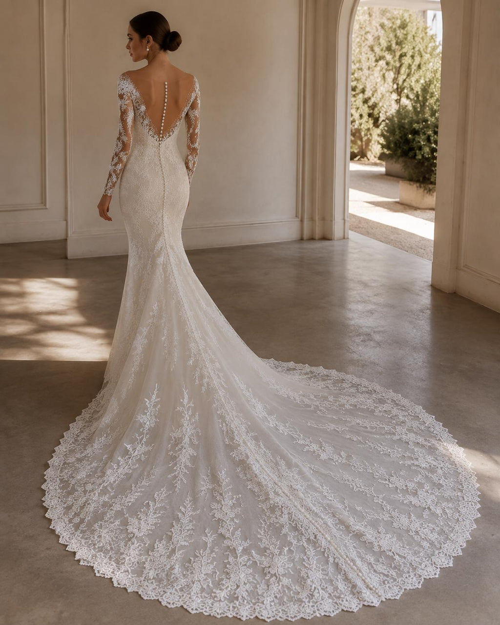 Long Sleeve Mermaid Lace Wedding Dress with Illusion Back