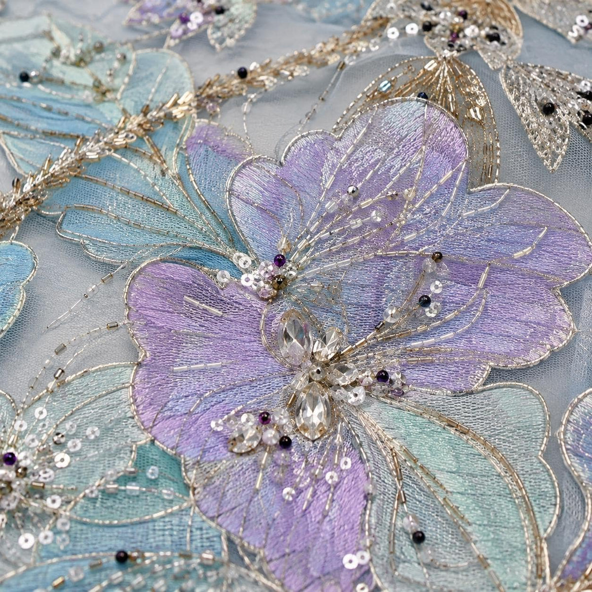 Ice Blue Beaded Lace Fabric by the Yard, Lavender Floral Embroidered Sequin Mesh, Luxury Bridal Wedding Prom Evening Gown Fabric