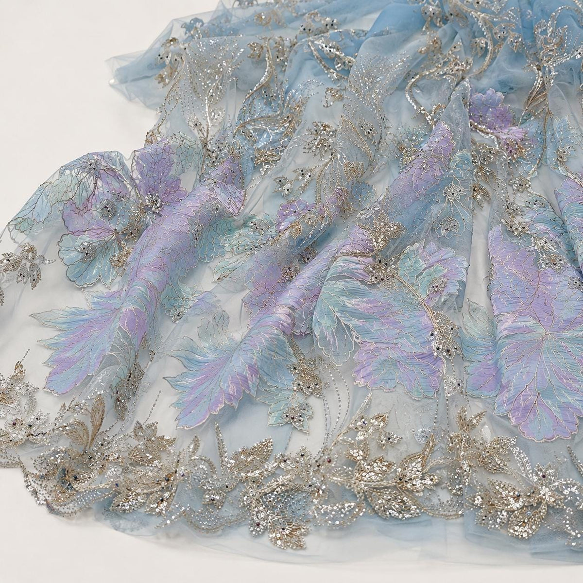 Ice Blue Beaded Lace Fabric by the Yard, Lavender Floral Embroidered Sequin Mesh, Luxury Bridal Wedding Prom Evening Gown Fabric