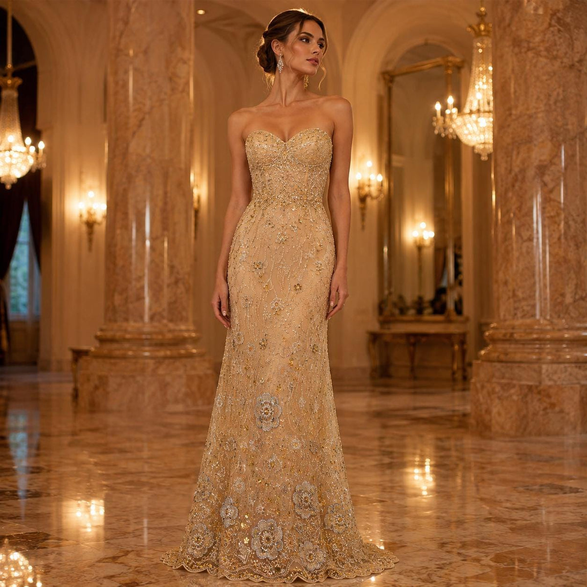 Champagne Gold Beaded Lace Fabric by the Yard, Sequin Embroidered Mesh with Scalloped Border, Bridal Prom Evening Gown Fabric