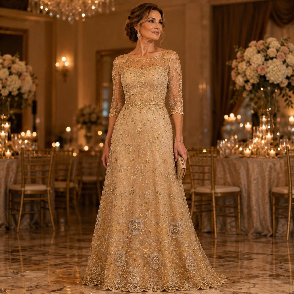 Champagne Gold Beaded Lace Fabric by the Yard, Sequin Embroidered Mesh with Scalloped Border, Bridal Prom Evening Gown Fabric