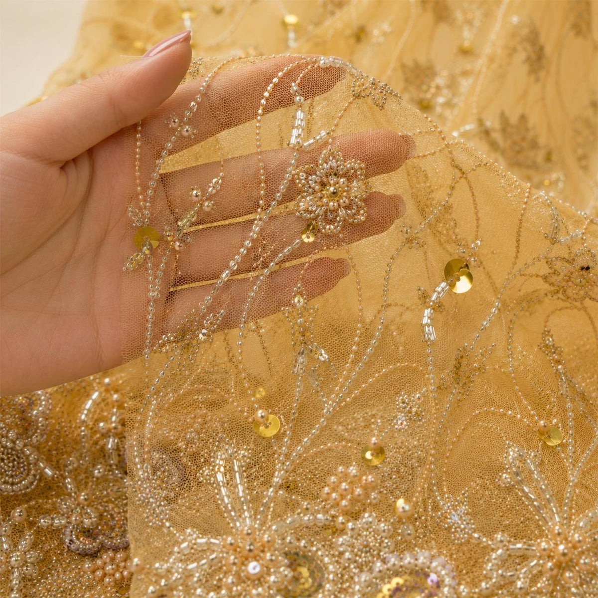 Champagne Gold Beaded Lace Fabric by the Yard, Sequin Embroidered Mesh with Scalloped Border, Bridal Prom Evening Gown Fabric
