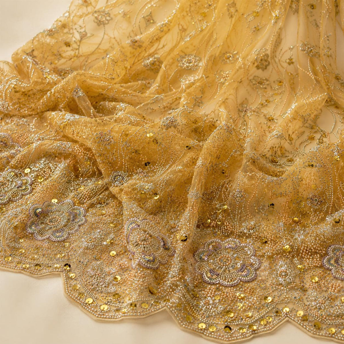 Champagne Gold Beaded Lace Fabric by the Yard, Sequin Embroidered Mesh with Scalloped Border, Bridal Prom Evening Gown Fabric