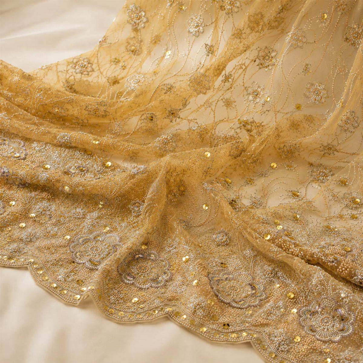 Champagne Gold Beaded Lace Fabric by the Yard, Sequin Embroidered Mesh with Scalloped Border, Bridal Prom Evening Gown Fabric