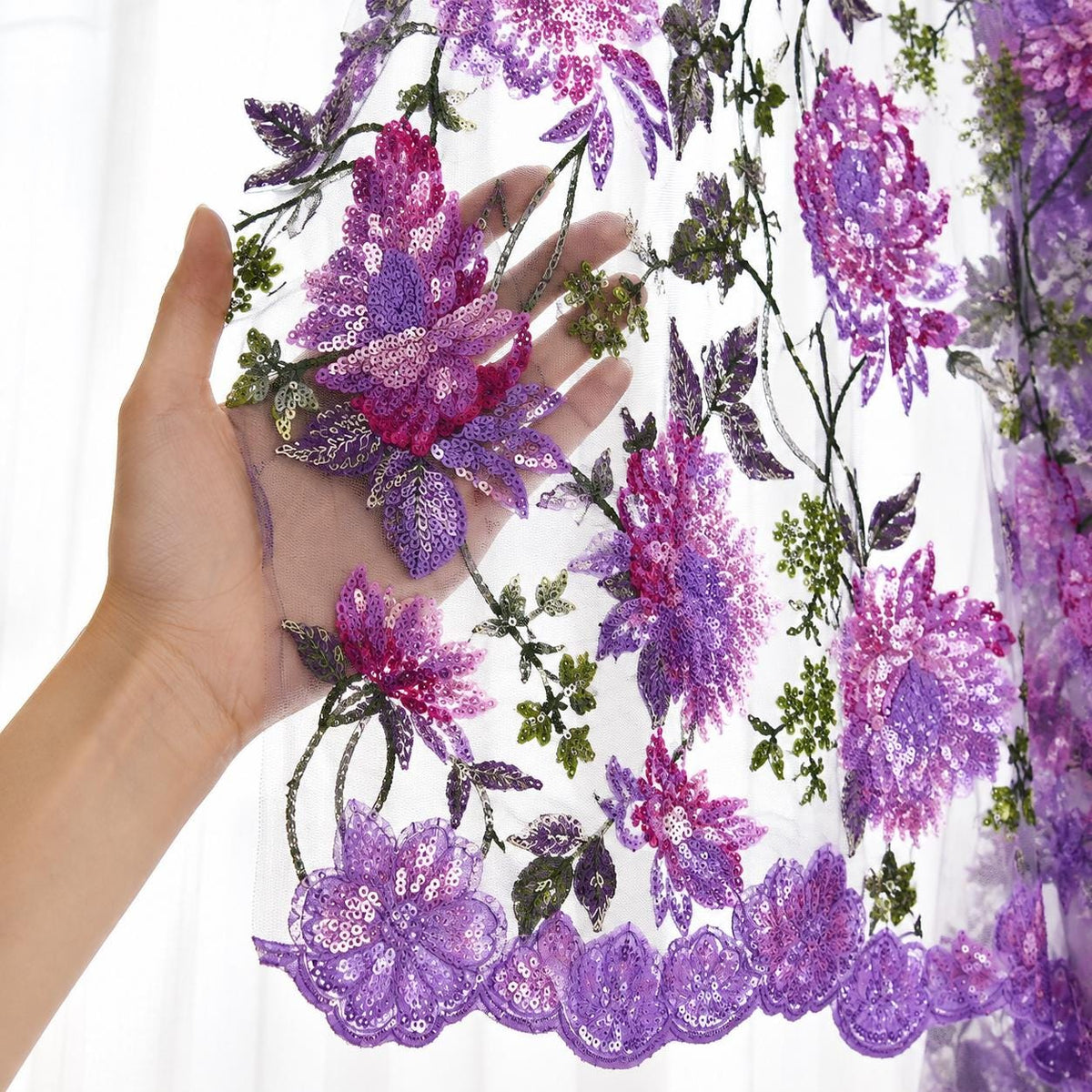Purple Floral Sequin Lace Fabric by the Yard, Pink Lavender Embroidered Mesh Tulle, 3D Flower Lace for Prom Bridal Evening Gown