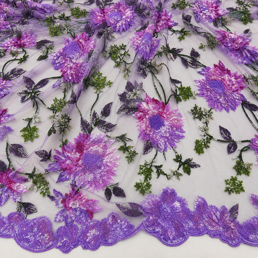 Purple Floral Sequin Lace Fabric by the Yard, Pink Lavender Embroidered Mesh Tulle, 3D Flower Lace for Prom Bridal Evening Gown