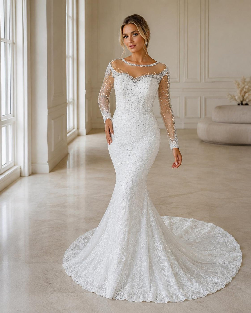 Sweetheart Beaded Mermaid Wedding Dress with Illusion Sleeves