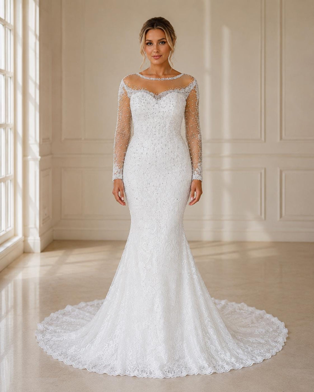 Sweetheart Beaded Mermaid Wedding Dress with Illusion Sleeves