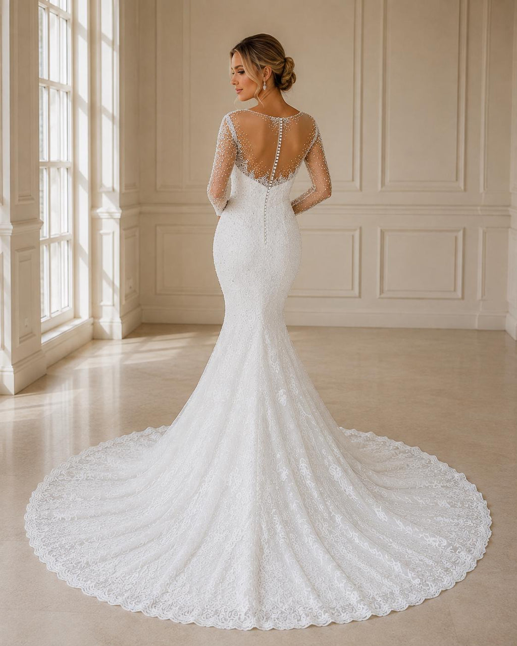 Sweetheart Beaded Mermaid Wedding Dress with Illusion Sleeves