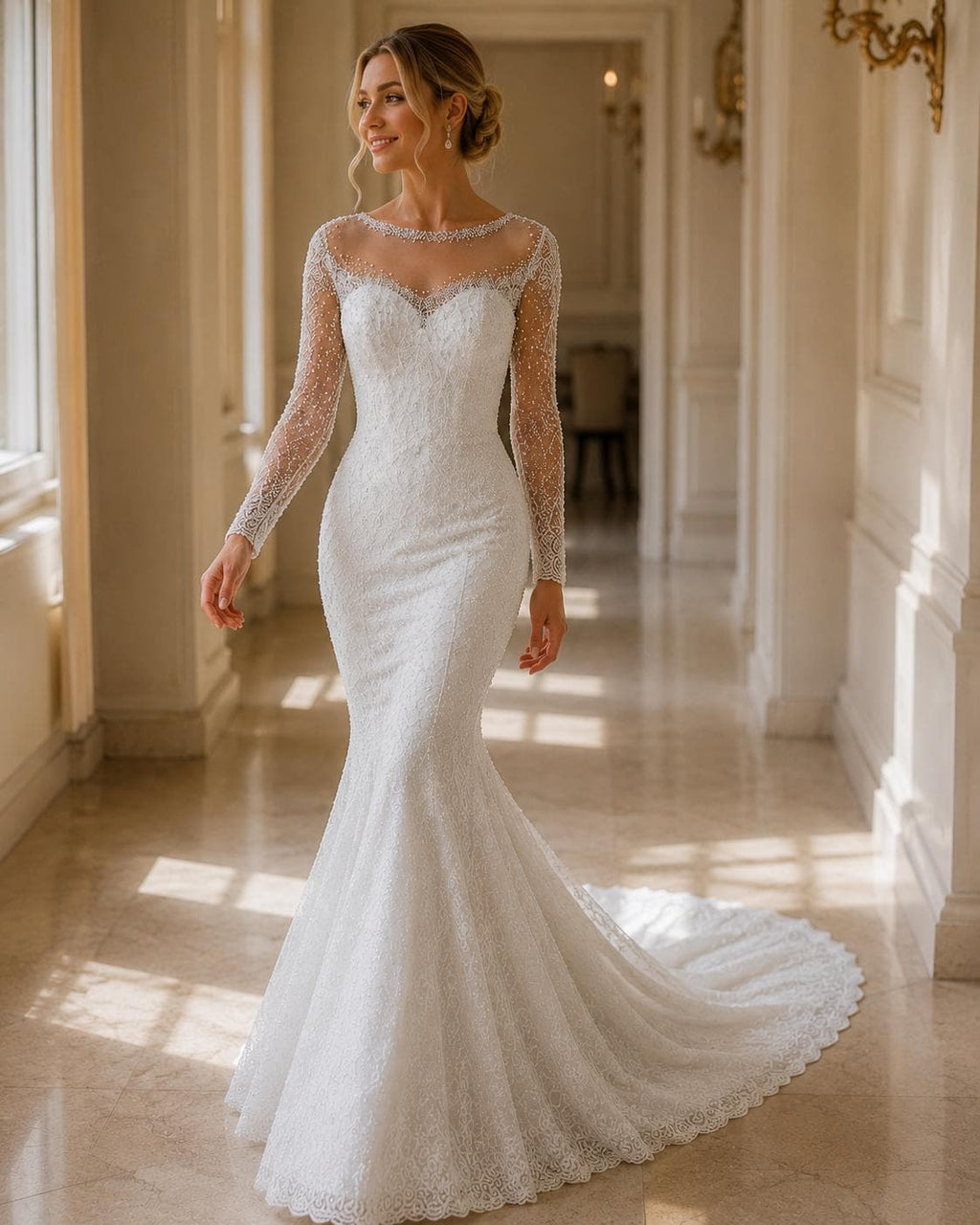 Sweetheart Beaded Mermaid Wedding Dress with Illusion Sleeves