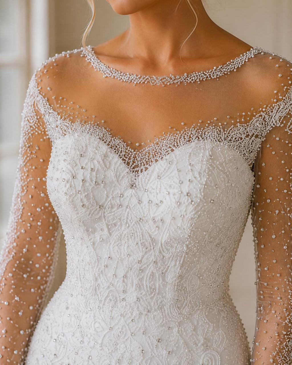 Sweetheart Beaded Mermaid Wedding Dress with Illusion Sleeves