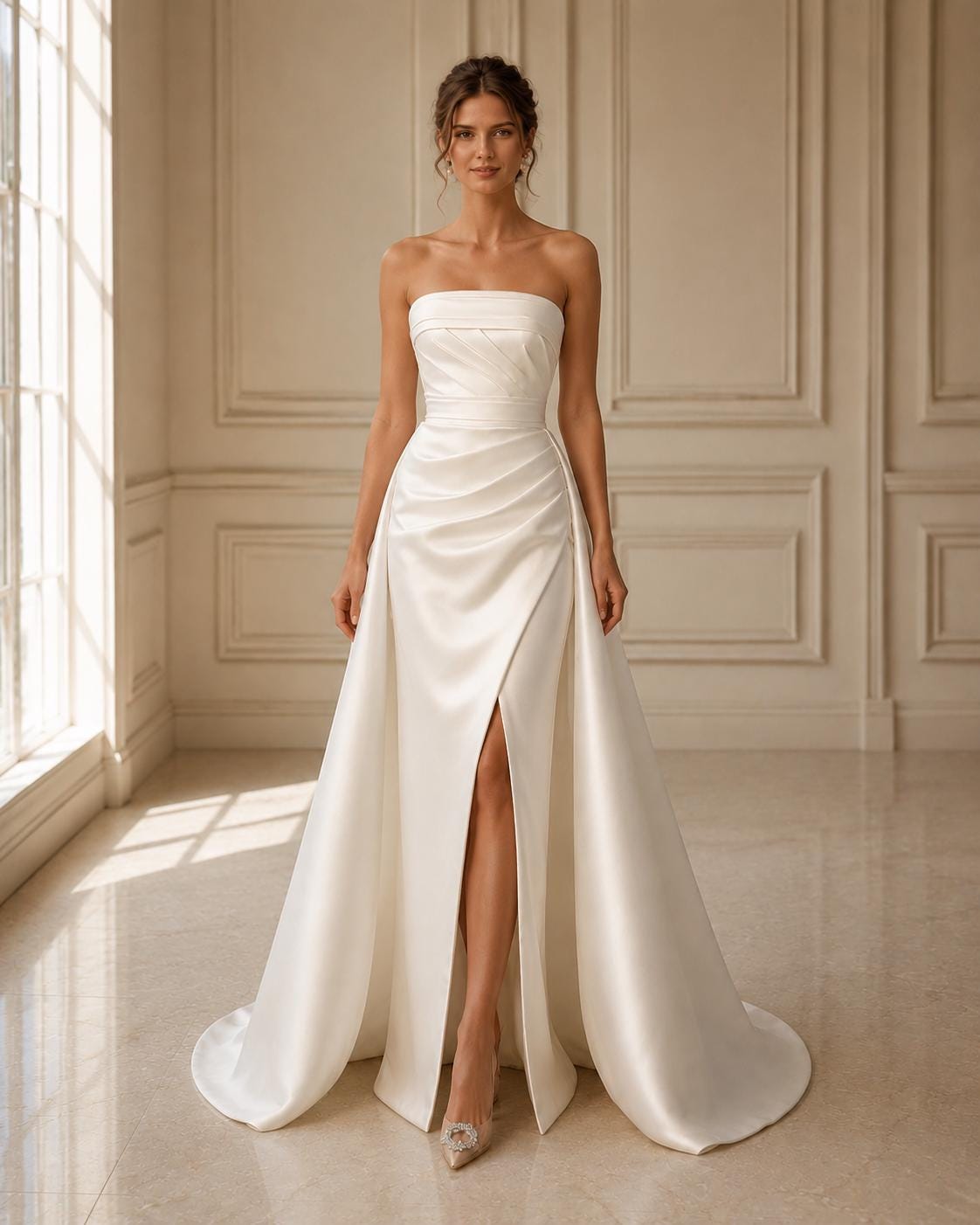 Strapless Draped Satin Wedding Dress with Slit