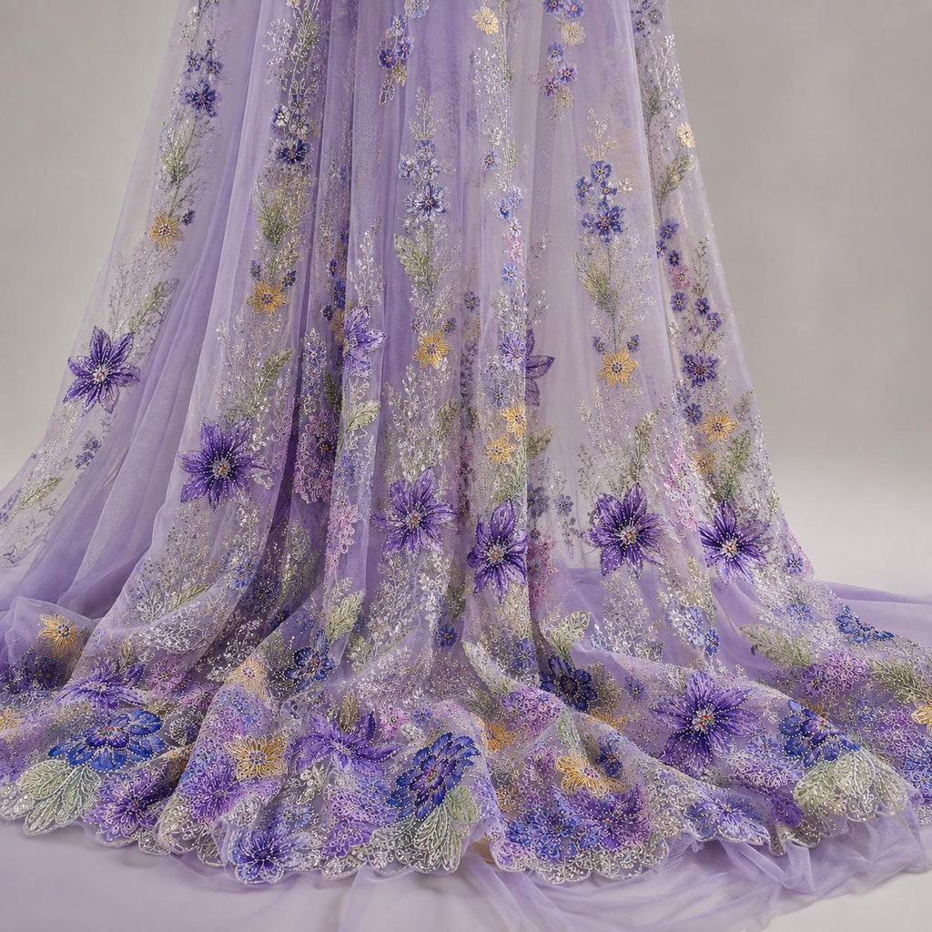 Lavender Floral Embroidered Lace Fabric by the Yard, Beaded Sequin Tulle Mesh, Couture Fabric for Evening Gown, Prom Dress
