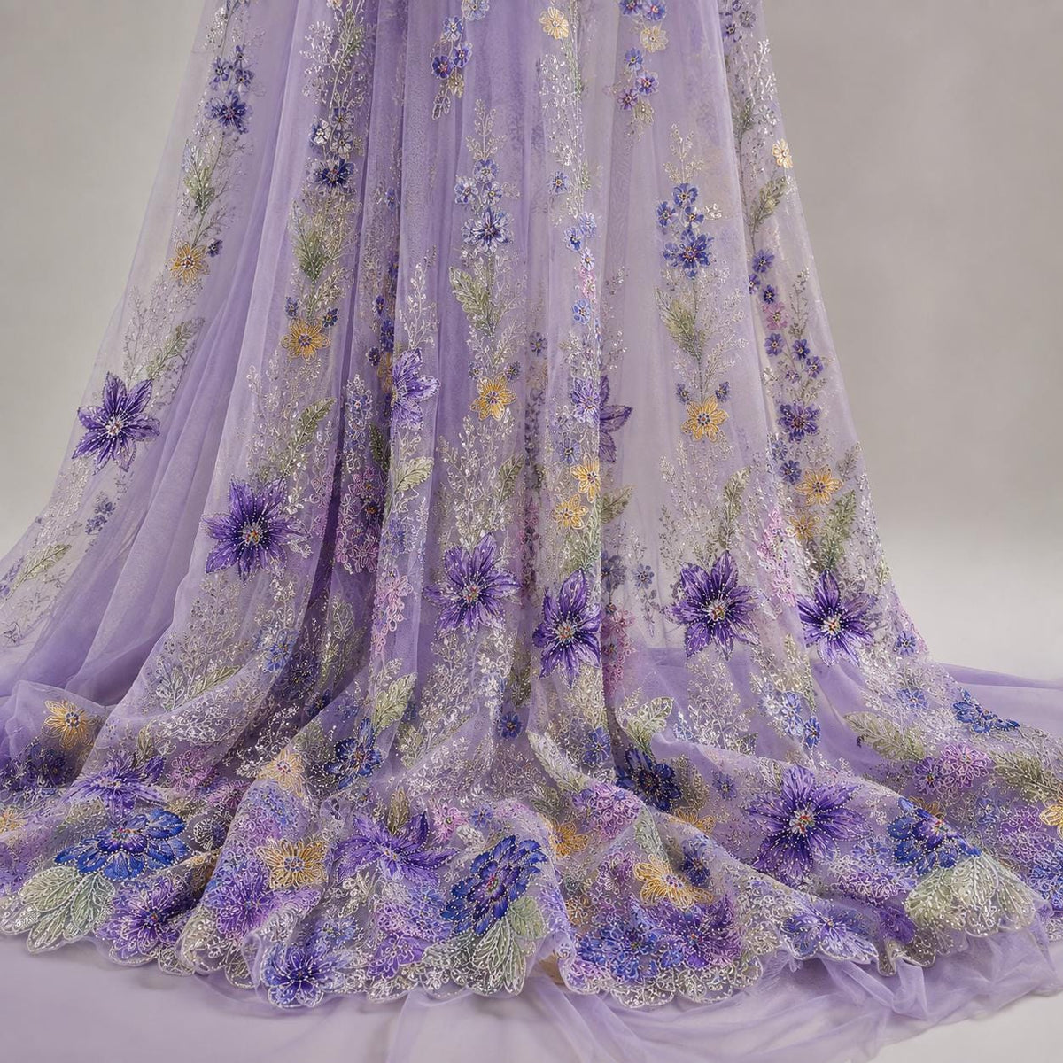 Lavender Floral Embroidered Lace Fabric by the Yard, Beaded Sequin Tulle Mesh, Couture Fabric for Evening Gown, Prom Dress