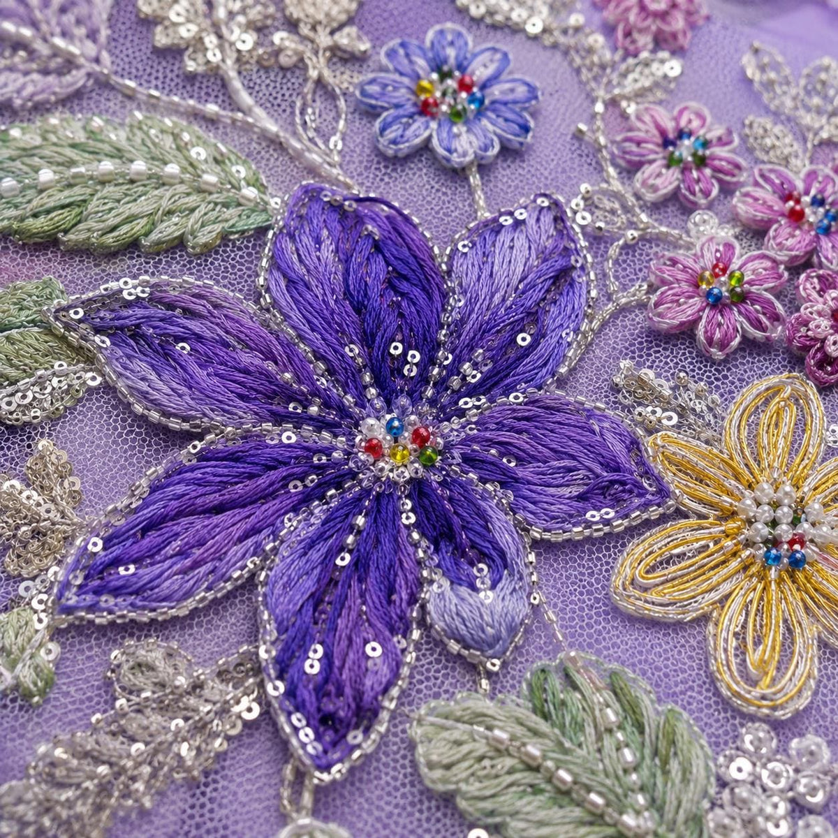 Lavender Floral Embroidered Lace Fabric by the Yard, Beaded Sequin Tulle Mesh, Couture Fabric for Evening Gown, Prom Dress