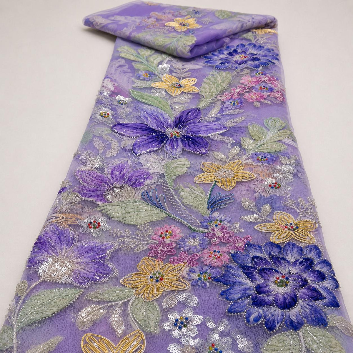 Lavender Floral Embroidered Lace Fabric by the Yard, Beaded Sequin Tulle Mesh, Couture Fabric for Evening Gown, Prom Dress