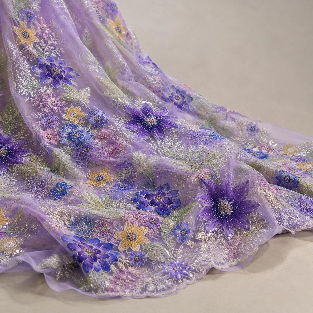 Lavender Floral Embroidered Lace Fabric by the Yard, Beaded Sequin Tulle Mesh, Couture Fabric for Evening Gown, Prom Dress