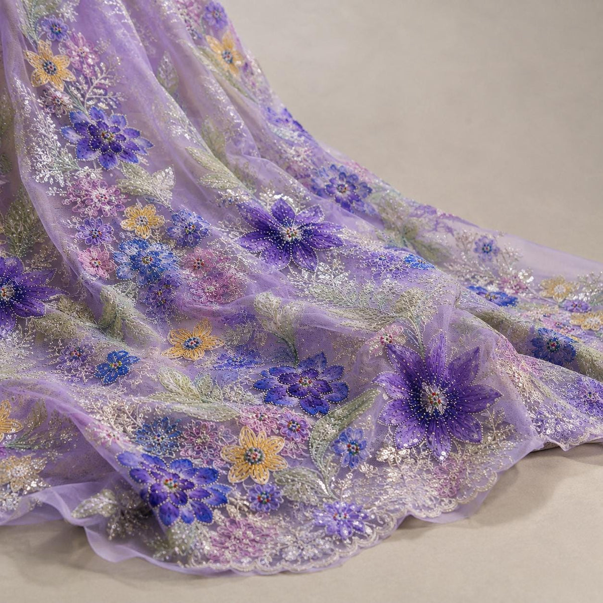 Lavender Floral Embroidered Lace Fabric by the Yard, Beaded Sequin Tulle Mesh, Couture Fabric for Evening Gown, Prom Dress