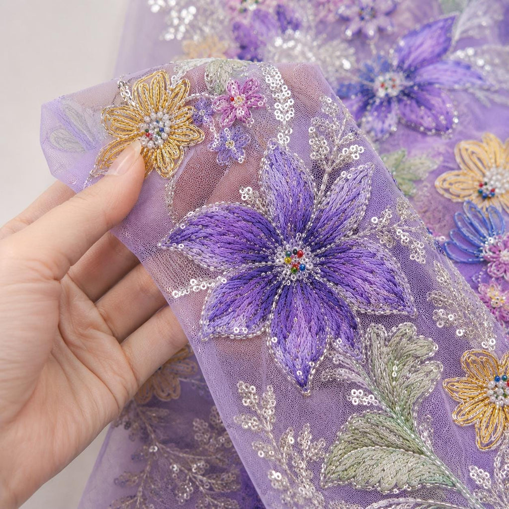 Lavender Floral Embroidered Lace Fabric by the Yard, Beaded Sequin Tulle Mesh, Couture Fabric for Evening Gown, Prom Dress
