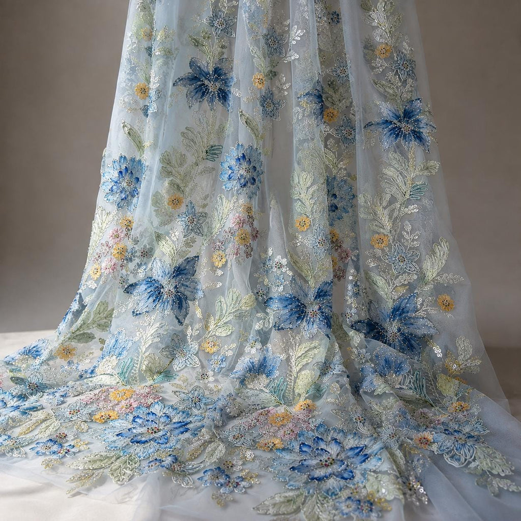 Ice Blue Floral Embroidered Lace Fabric by the Yard, Beaded Sequin Tulle Mesh for Evening Gown, Prom Dress & Couture