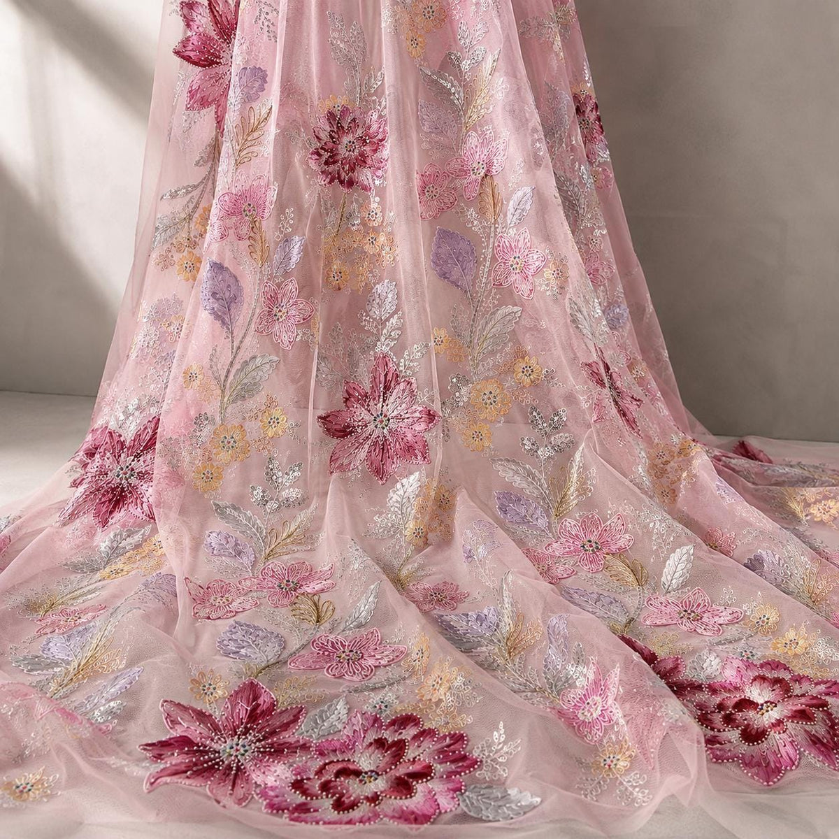 Dusty Rose Floral Embroidered Lace Fabric by the Yard, Burgundy Beaded Sequin Tulle Mesh for Evening Gown, Prom Dress & Couture