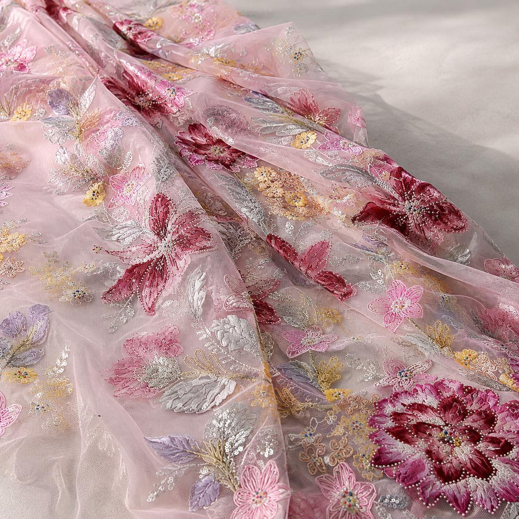 Couture Embroidered Tulle Fabric by the Yard, Dusty Blush Pink Floral Beaded Sequin Mesh, Luxury Lace for Designer Gowns & Dressmaking