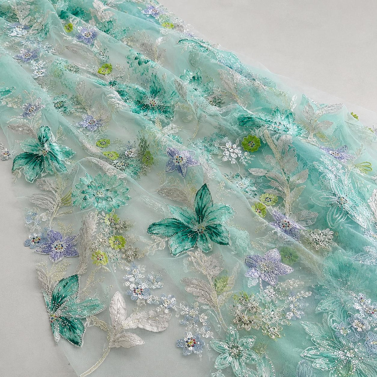 Mint Green Beaded Lace Fabric by the Yard, Floral Embroidered Tulle Mesh for Mother of the Bride, Formal Gown & Wedding Dress
