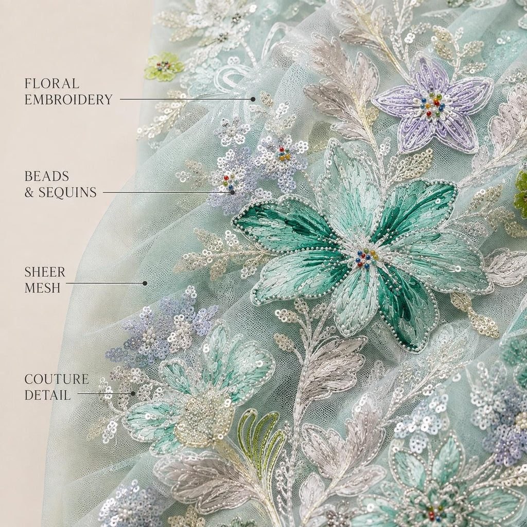 Luxury Mint Green Embroidered Lace Fabric, Beaded Sequin Floral Tulle Mesh by the Yard for Couture, Designer Gown & Evening Dress