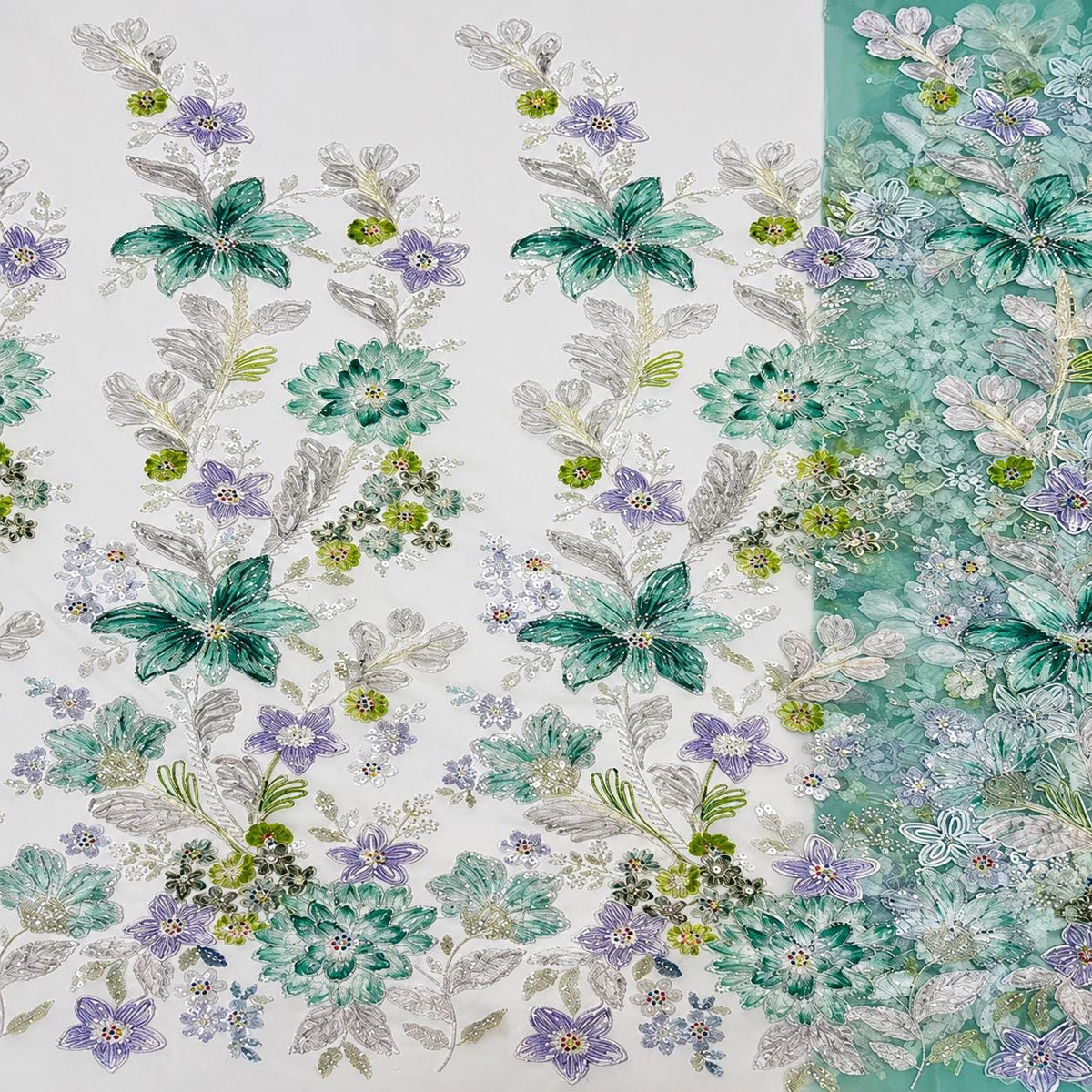 Luxury Mint Green Embroidered Lace Fabric, Beaded Sequin Floral Tulle Mesh by the Yard for Couture, Designer Gown & Evening Dress