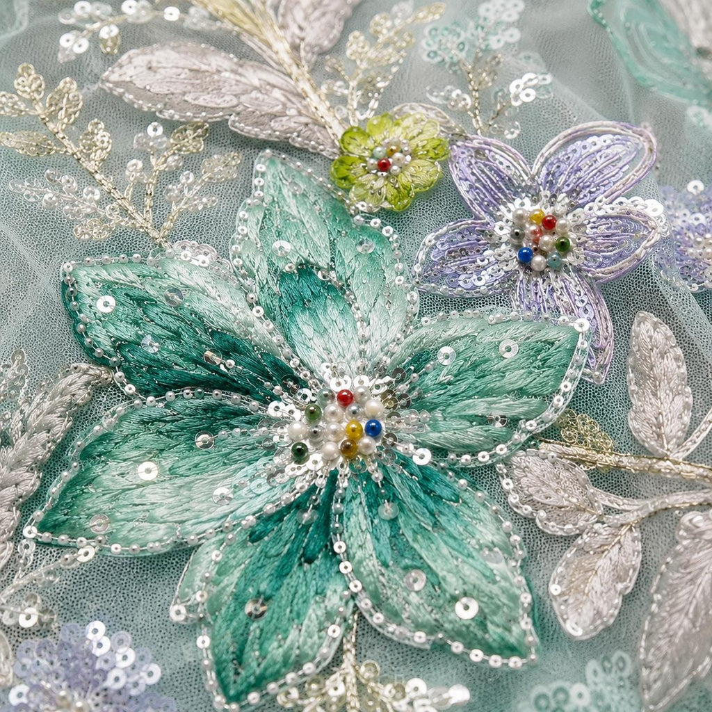 Luxury Mint Green Embroidered Lace Fabric, Beaded Sequin Floral Tulle Mesh by the Yard for Couture, Designer Gown & Evening Dress