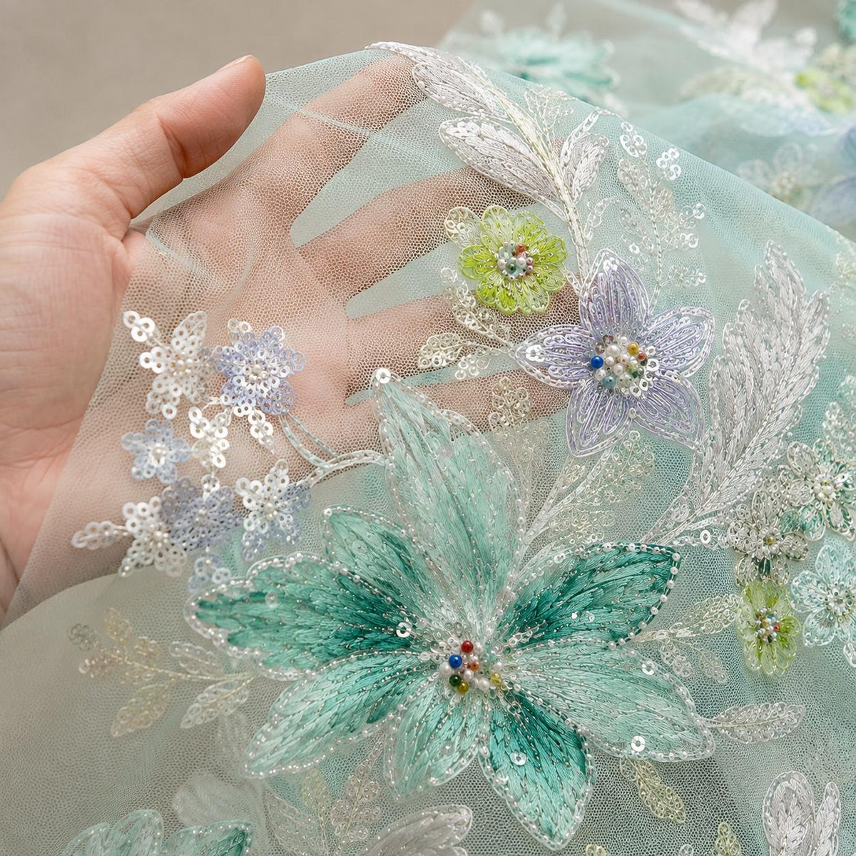 Luxury Mint Green Embroidered Lace Fabric, Beaded Sequin Floral Tulle Mesh by the Yard for Couture, Designer Gown & Evening Dress