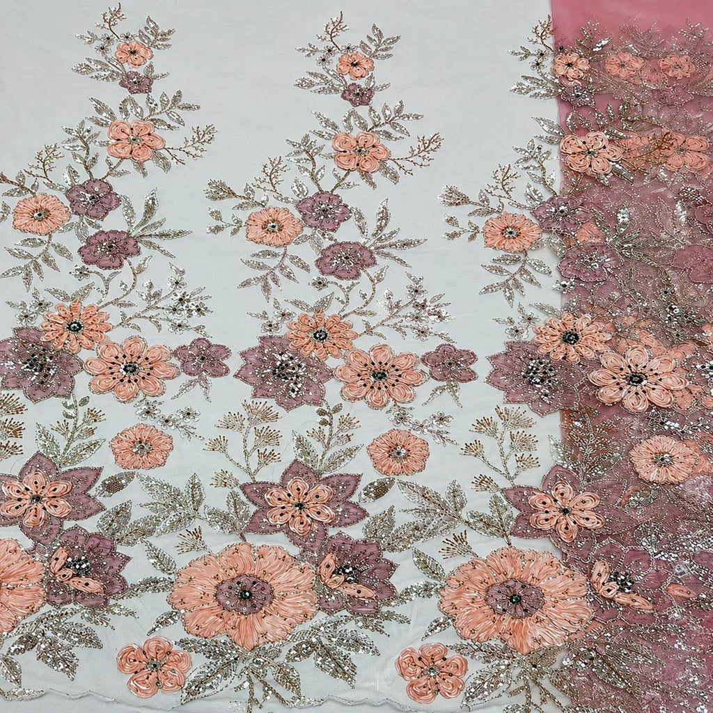 Dusty Rose 3D Floral Lace Fabric by the Yard, Peach Beaded Sequin Embroidered Tulle Mesh for Evening Gown, Prom & Couture