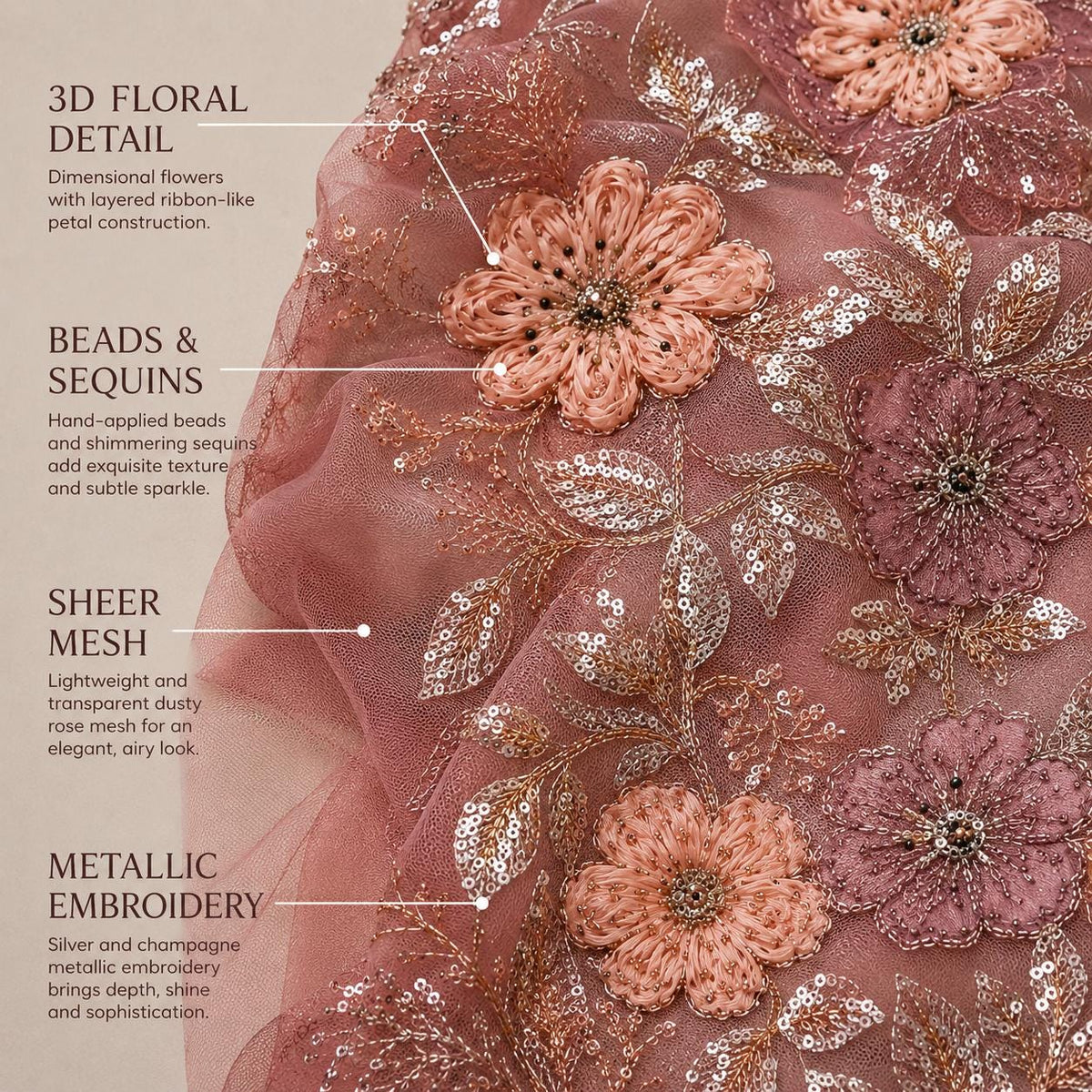 Dusty Rose 3D Floral Lace Fabric by the Yard, Peach Beaded Sequin Embroidered Tulle Mesh for Evening Gown, Prom & Couture