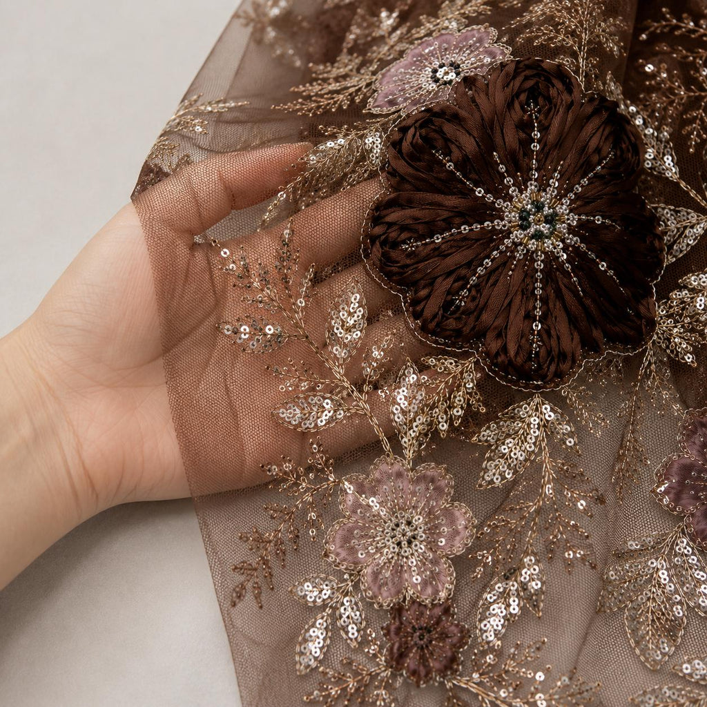 Chocolate Brown 3D Floral Lace Fabric by the Yard, Beaded Sequin Embroidered Tulle Mesh for Evening Gown, Prom Dress & Couture
