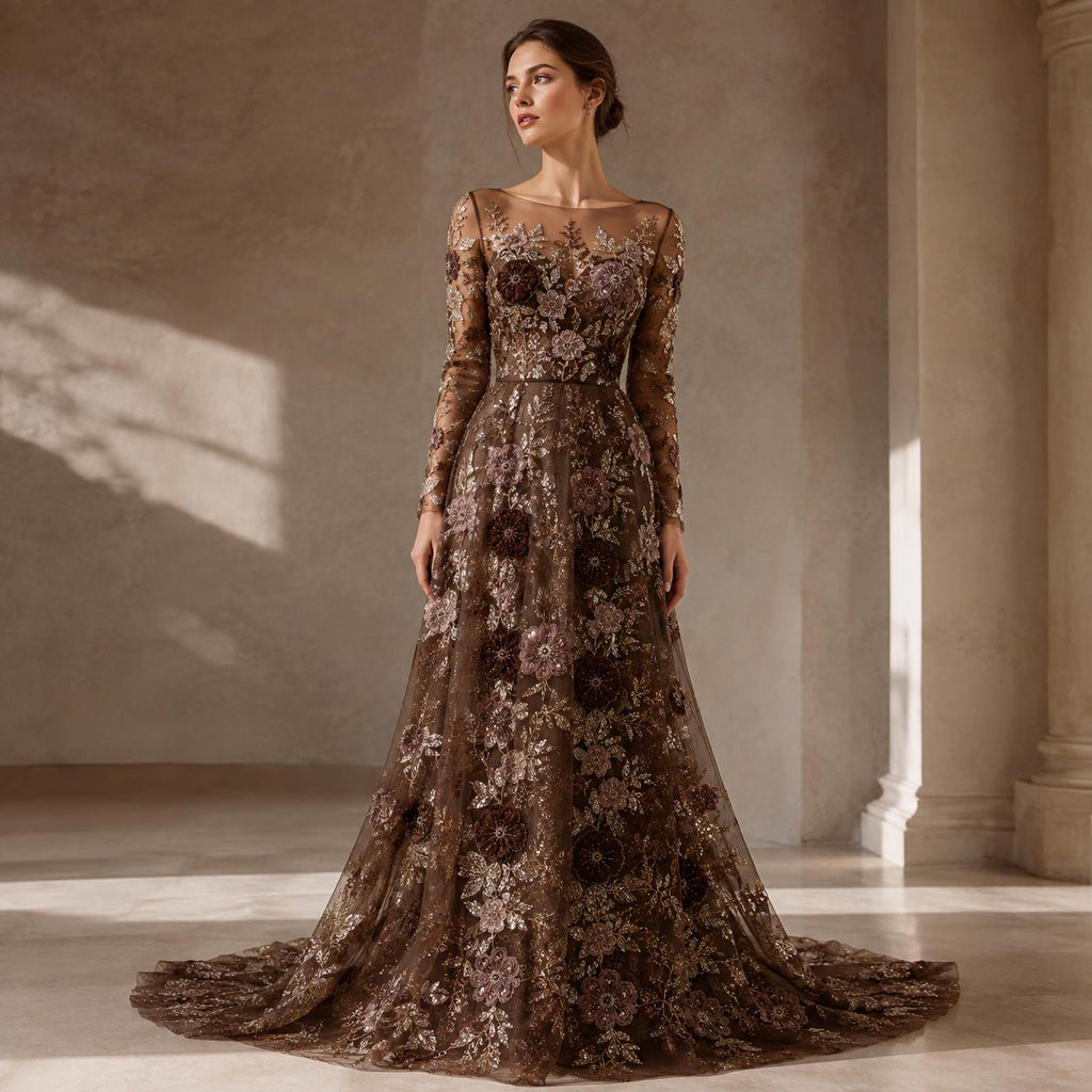 Chocolate Brown 3D Floral Lace Fabric by the Yard, Beaded Sequin Embroidered Tulle Mesh for Evening Gown, Prom Dress & Couture