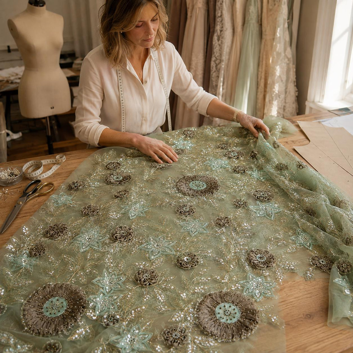 Luxury Sage Green Couture Lace Fabric, 3D Floral Beaded Embroidered Tulle with Sequins, Designer Fabric for Evening Gown & Prom Dress