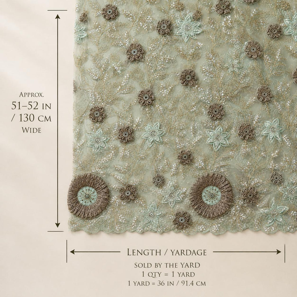 Luxury Sage Green Couture Lace Fabric, 3D Floral Beaded Embroidered Tulle with Sequins, Designer Fabric for Evening Gown & Prom Dress