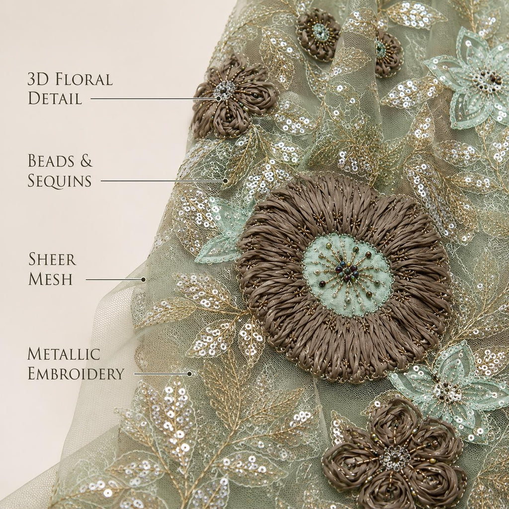 Luxury Sage Green Couture Lace Fabric, 3D Floral Beaded Embroidered Tulle with Sequins, Designer Fabric for Evening Gown & Prom Dress